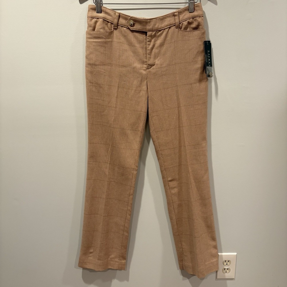 New Lauren Ralph Lauren Adelle Pants Sz 6P Houndstooth Plaid Trousers Beige